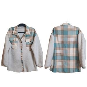 Miss Sparkling Sherpa Plaid Shirt Button Up Blue Brown Large